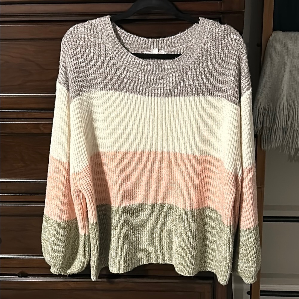 Striped Knit Color Block Sweater - Cream, Pink, and Green - size M